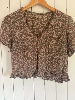 Tree of Life Olive Green and Pink Floral Ruffle Hem Button Top
